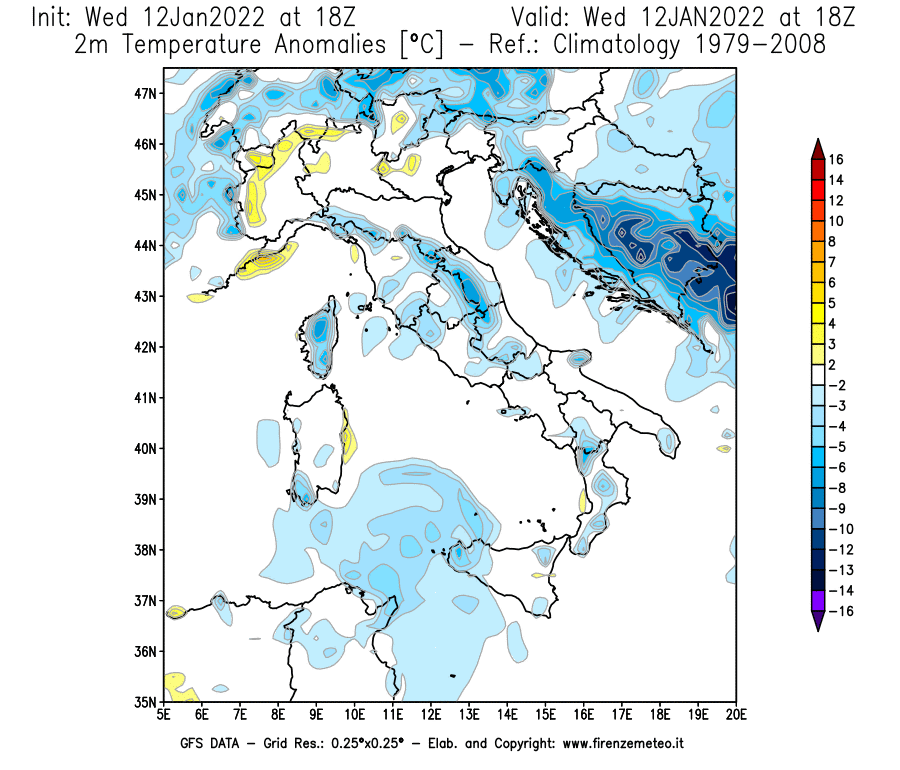 Mappa di analisi GFS - Anomalia Temperatura [°C] a 2 m in Italia
							del 12/01/2022 18 <!--googleoff: index-->UTC<!--googleon: index-->