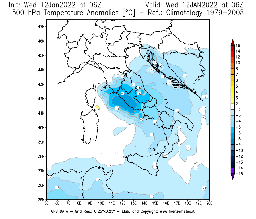 Mappa di analisi GFS - Anomalia Temperatura [°C] a 500 hPa in Italia
							del 12/01/2022 06 <!--googleoff: index-->UTC<!--googleon: index-->