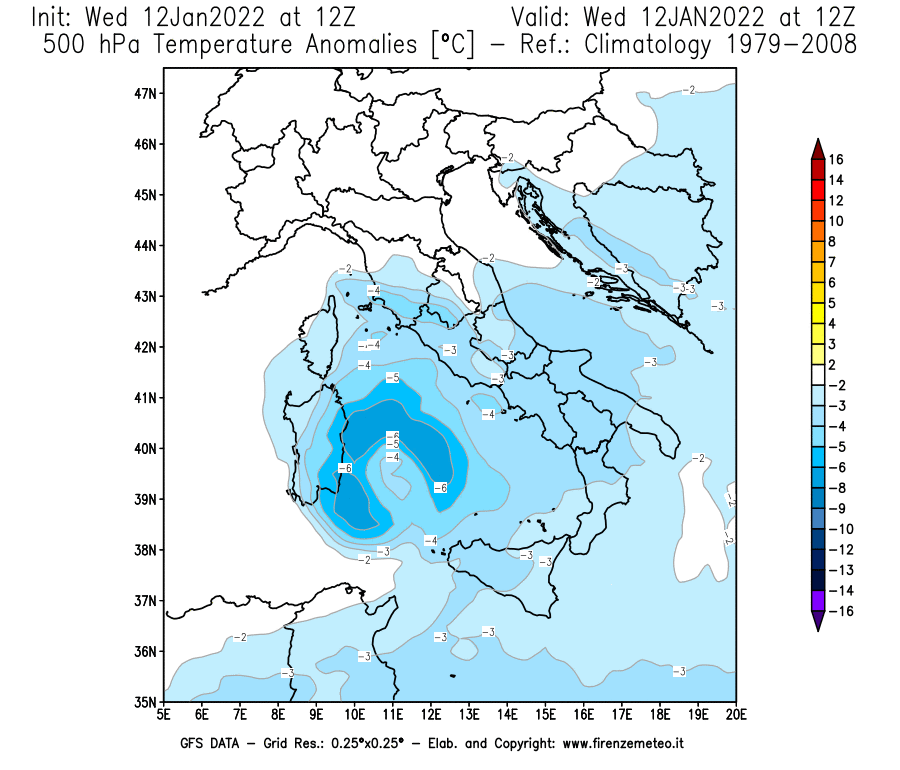 Mappa di analisi GFS - Anomalia Temperatura [°C] a 500 hPa in Italia
							del 12/01/2022 12 <!--googleoff: index-->UTC<!--googleon: index-->