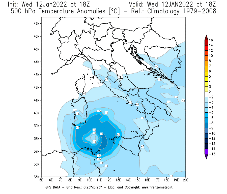 Mappa di analisi GFS - Anomalia Temperatura [°C] a 500 hPa in Italia
							del 12/01/2022 18 <!--googleoff: index-->UTC<!--googleon: index-->