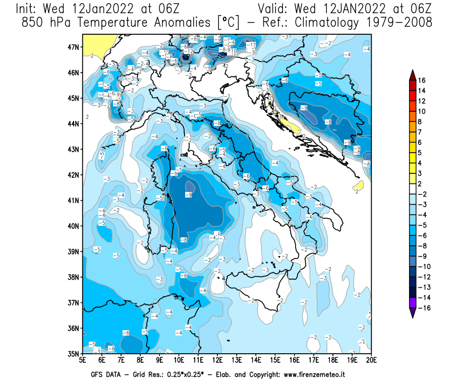 Mappa di analisi GFS - Anomalia Temperatura [°C] a 850 hPa in Italia
							del 12/01/2022 06 <!--googleoff: index-->UTC<!--googleon: index-->