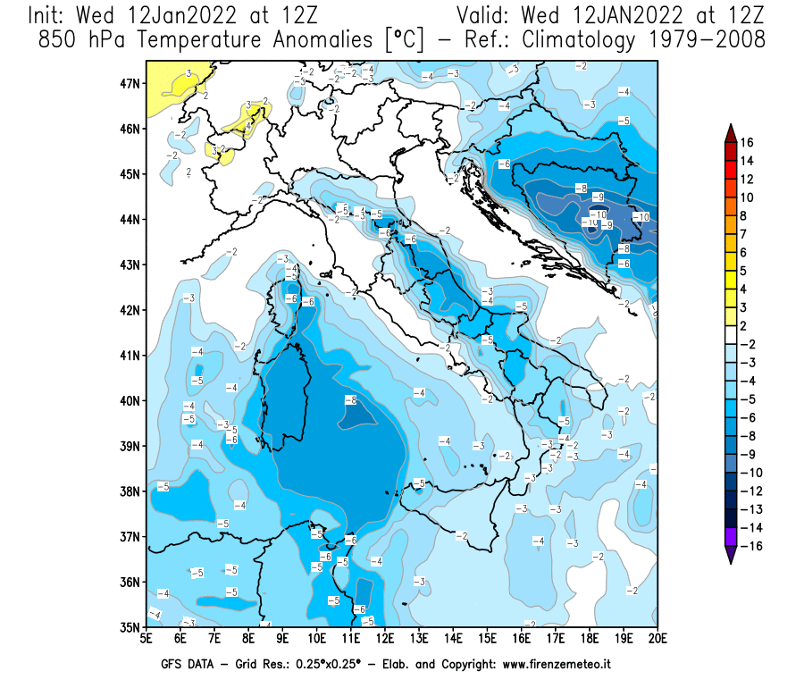 Mappa di analisi GFS - Anomalia Temperatura [°C] a 850 hPa in Italia
							del 12/01/2022 12 <!--googleoff: index-->UTC<!--googleon: index-->