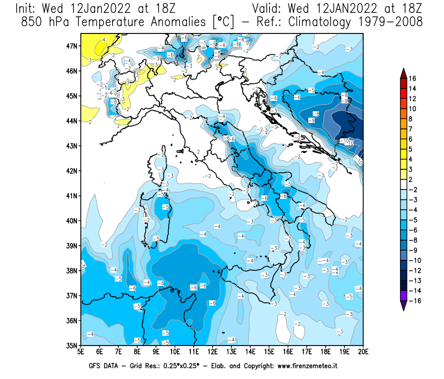 Mappa di analisi GFS - Anomalia Temperatura [°C] a 850 hPa in Italia
							del 12/01/2022 18 <!--googleoff: index-->UTC<!--googleon: index-->