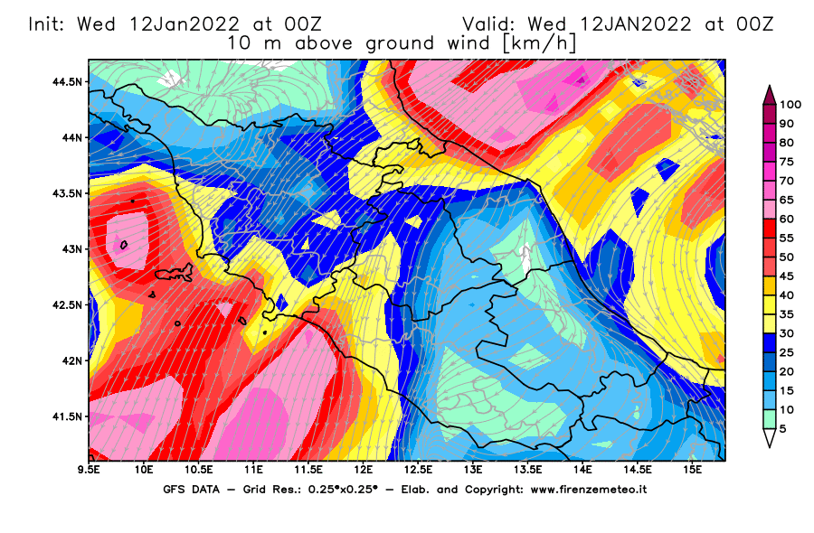 Mappa di analisi GFS - Velocità del vento a 10 metri dal suolo [km/h] in Centro-Italia
							del 12/01/2022 00 <!--googleoff: index-->UTC<!--googleon: index-->