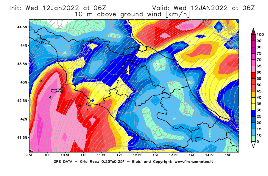 Mappa di analisi GFS - Velocità del vento a 10 metri dal suolo [km/h] in Centro-Italia
							del 12/01/2022 06 <!--googleoff: index-->UTC<!--googleon: index-->