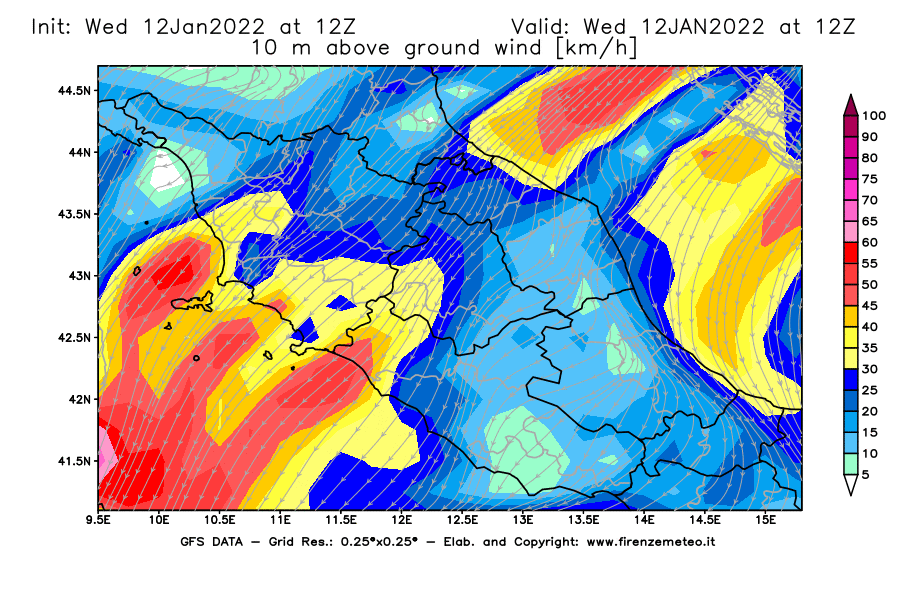 Mappa di analisi GFS - Velocità del vento a 10 metri dal suolo [km/h] in Centro-Italia
							del 12/01/2022 12 <!--googleoff: index-->UTC<!--googleon: index-->