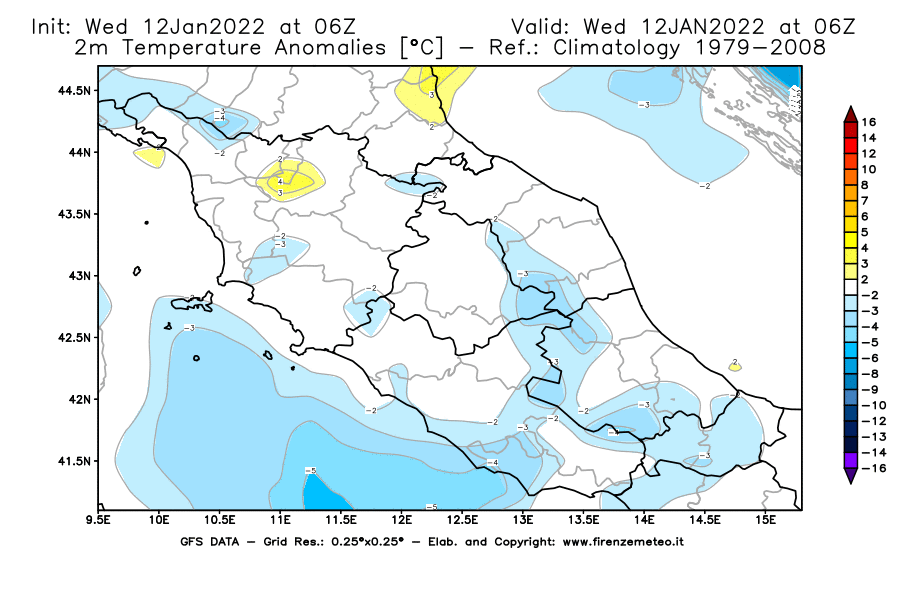 Mappa di analisi GFS - Anomalia Temperatura [°C] a 2 m in Centro-Italia
							del 12/01/2022 06 <!--googleoff: index-->UTC<!--googleon: index-->