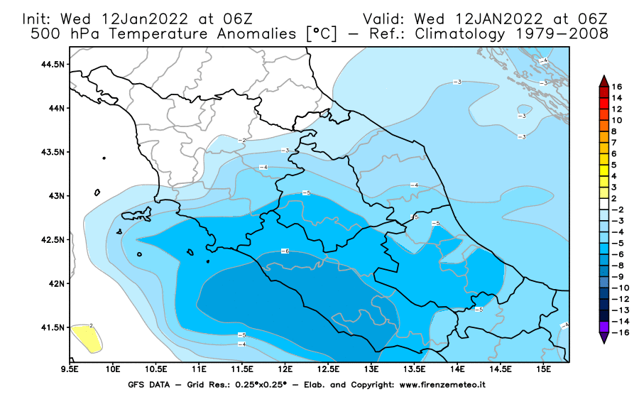 Mappa di analisi GFS - Anomalia Temperatura [°C] a 500 hPa in Centro-Italia
							del 12/01/2022 06 <!--googleoff: index-->UTC<!--googleon: index-->