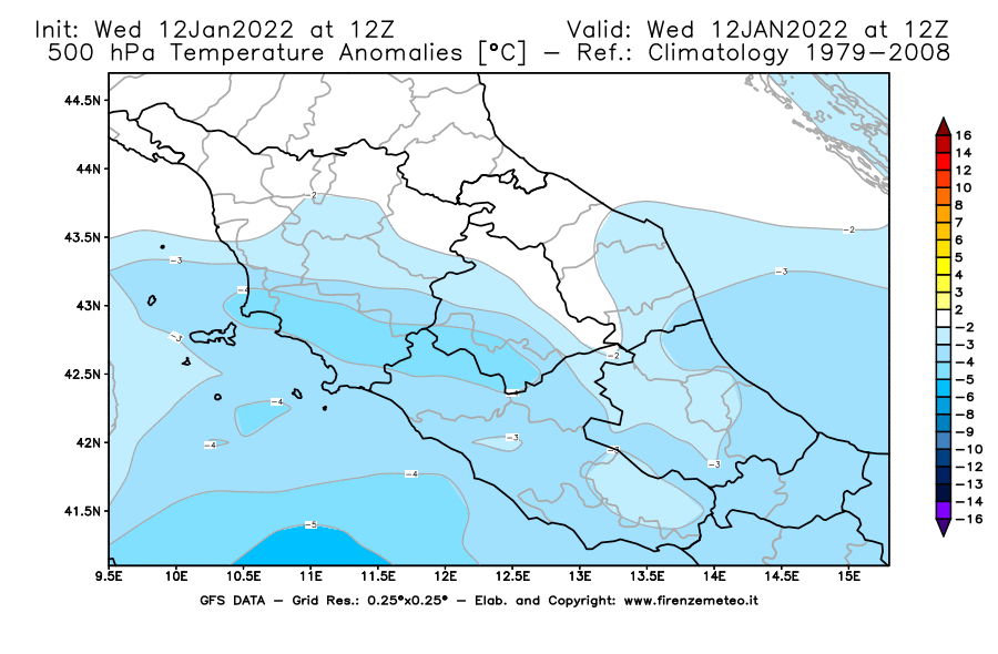 Mappa di analisi GFS - Anomalia Temperatura [°C] a 500 hPa in Centro-Italia
							del 12/01/2022 12 <!--googleoff: index-->UTC<!--googleon: index-->