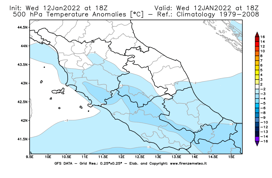 Mappa di analisi GFS - Anomalia Temperatura [°C] a 500 hPa in Centro-Italia
							del 12/01/2022 18 <!--googleoff: index-->UTC<!--googleon: index-->