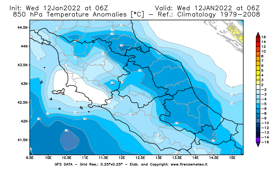 Mappa di analisi GFS - Anomalia Temperatura [°C] a 850 hPa in Centro-Italia
							del 12/01/2022 06 <!--googleoff: index-->UTC<!--googleon: index-->