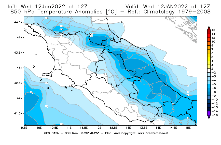 Mappa di analisi GFS - Anomalia Temperatura [°C] a 850 hPa in Centro-Italia
							del 12/01/2022 12 <!--googleoff: index-->UTC<!--googleon: index-->