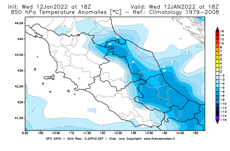 Mappa di analisi GFS - Anomalia Temperatura [°C] a 850 hPa in Centro-Italia
							del 12/01/2022 18 <!--googleoff: index-->UTC<!--googleon: index-->