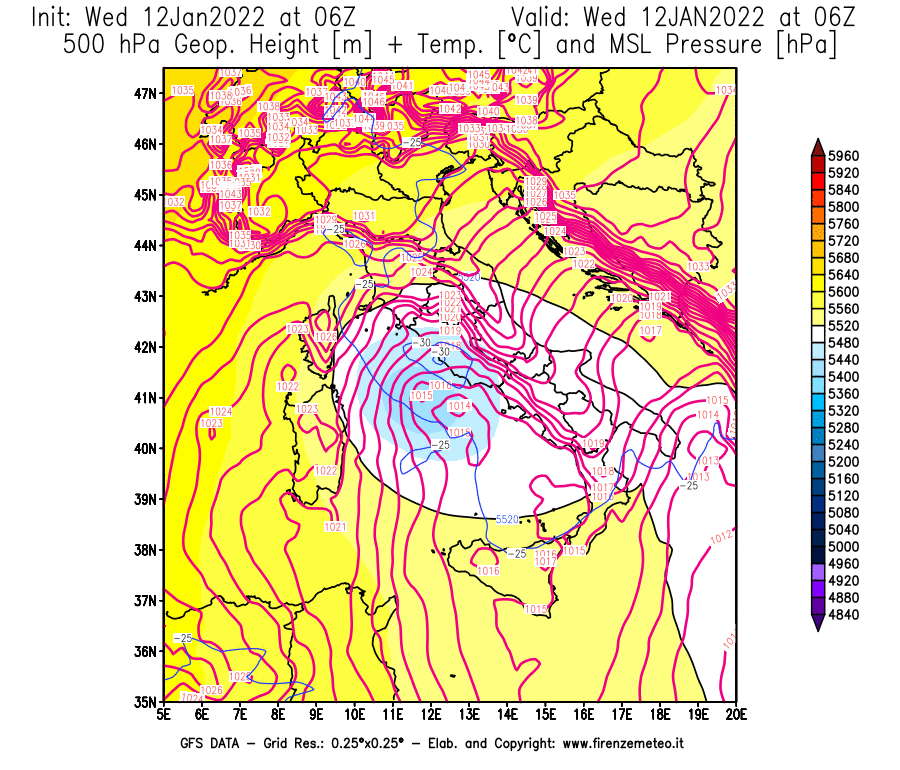 Mappa di analisi GFS - Geopotenziale [m] + Temp. [°C] a 500 hPa + Press. a livello del mare [hPa] in Italia
							del 12/01/2022 06 <!--googleoff: index-->UTC<!--googleon: index-->