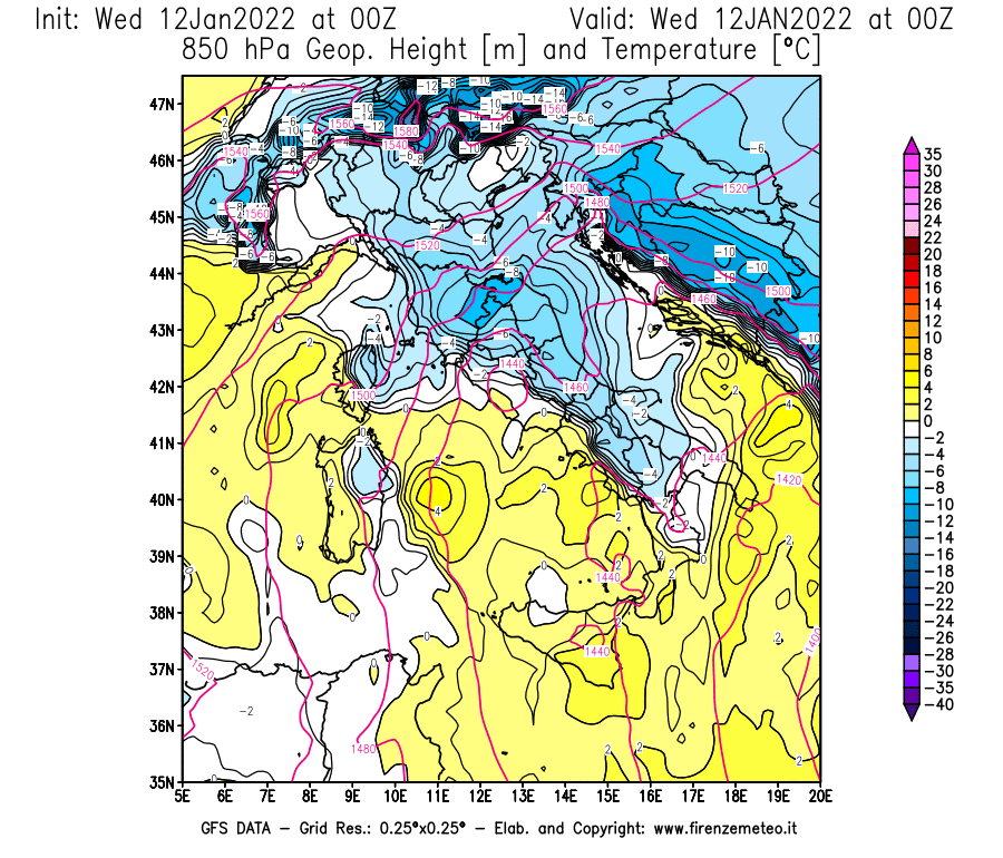 Mappa di analisi GFS - Geopotenziale [m] e Temperatura [°C] a 850 hPa in Italia
							del 12/01/2022 00 <!--googleoff: index-->UTC<!--googleon: index-->