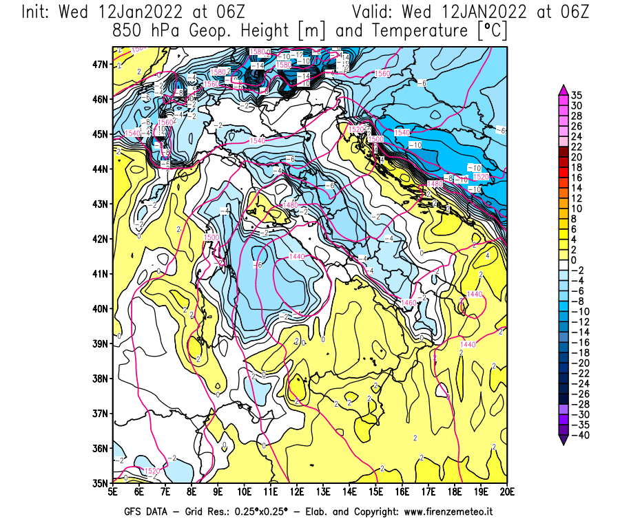 Mappa di analisi GFS - Geopotenziale [m] e Temperatura [°C] a 850 hPa in Italia
							del 12/01/2022 06 <!--googleoff: index-->UTC<!--googleon: index-->