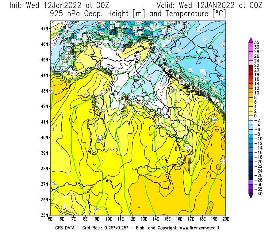 Mappa di analisi GFS - Geopotenziale [m] e Temperatura [°C] a 925 hPa in Italia
							del 12/01/2022 00 <!--googleoff: index-->UTC<!--googleon: index-->