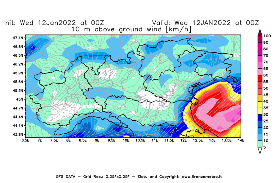Mappa di analisi GFS - Velocità del vento a 10 metri dal suolo [km/h] in Nord-Italia
							del 12/01/2022 00 <!--googleoff: index-->UTC<!--googleon: index-->