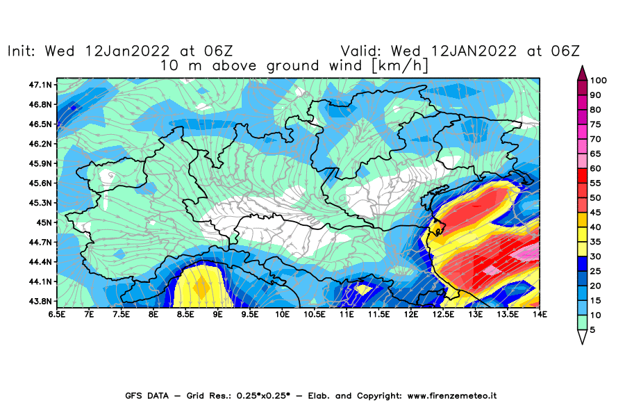 Mappa di analisi GFS - Velocità del vento a 10 metri dal suolo [km/h] in Nord-Italia
							del 12/01/2022 06 <!--googleoff: index-->UTC<!--googleon: index-->
