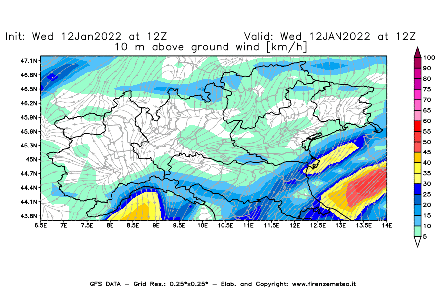 Mappa di analisi GFS - Velocità del vento a 10 metri dal suolo [km/h] in Nord-Italia
							del 12/01/2022 12 <!--googleoff: index-->UTC<!--googleon: index-->