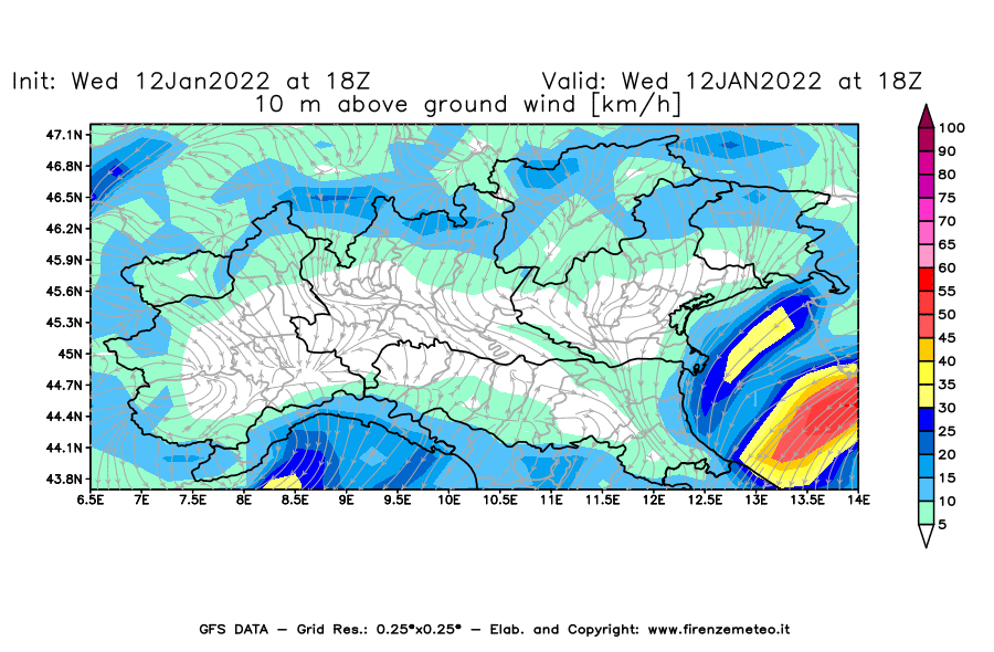 Mappa di analisi GFS - Velocità del vento a 10 metri dal suolo [km/h] in Nord-Italia
							del 12/01/2022 18 <!--googleoff: index-->UTC<!--googleon: index-->