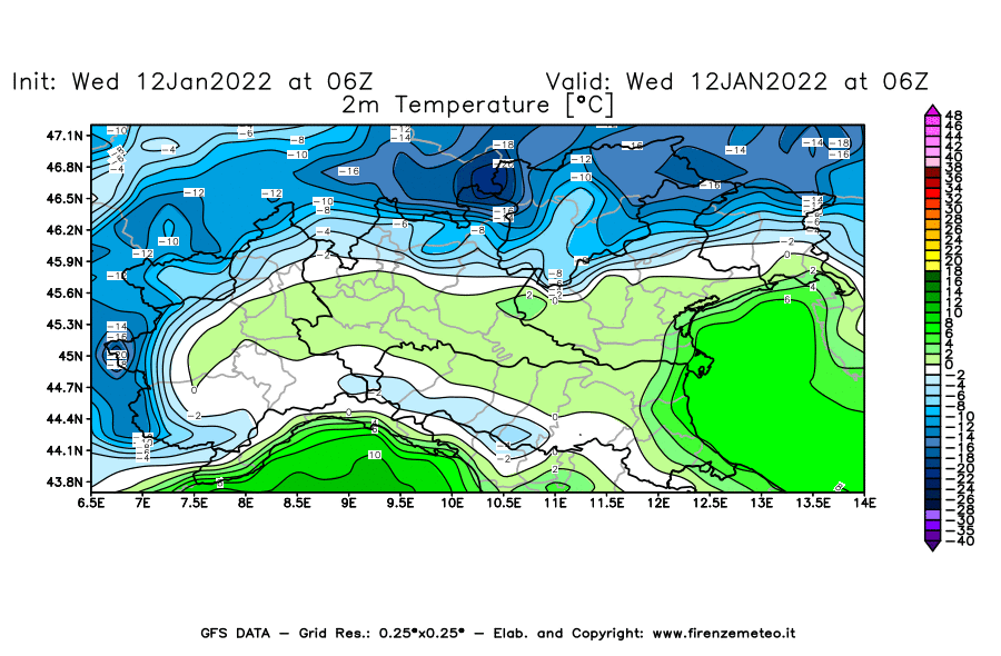 Mappa di analisi GFS - Temperatura a 2 metri dal suolo [°C] in Nord-Italia
							del 12/01/2022 06 <!--googleoff: index-->UTC<!--googleon: index-->