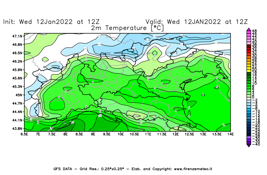 Mappa di analisi GFS - Temperatura a 2 metri dal suolo [°C] in Nord-Italia
							del 12/01/2022 12 <!--googleoff: index-->UTC<!--googleon: index-->