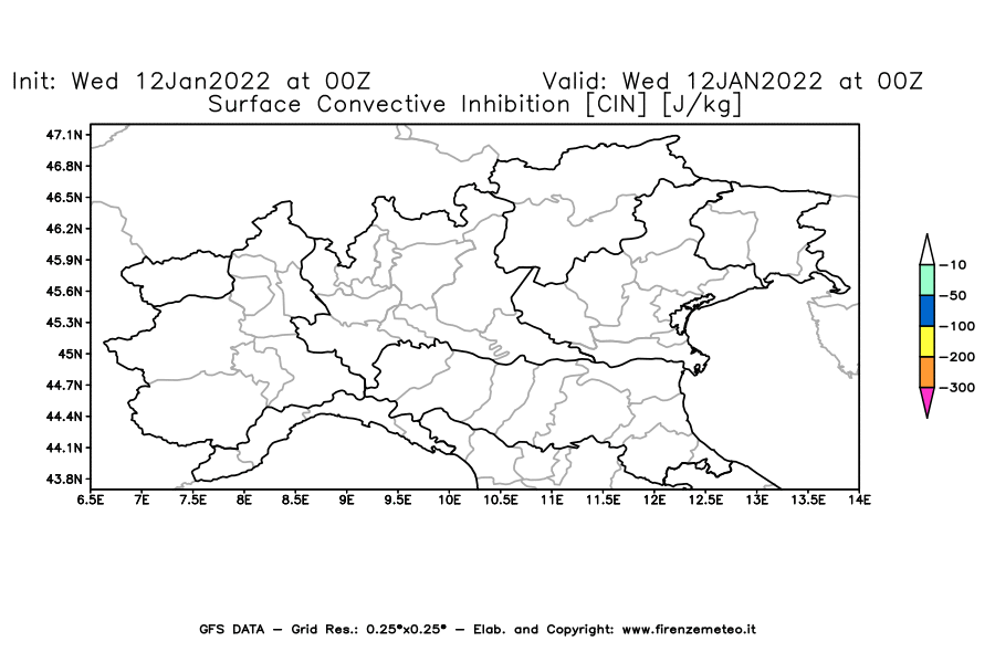 Mappa di analisi GFS - CIN [J/kg] in Nord-Italia
							del 12/01/2022 00 <!--googleoff: index-->UTC<!--googleon: index-->