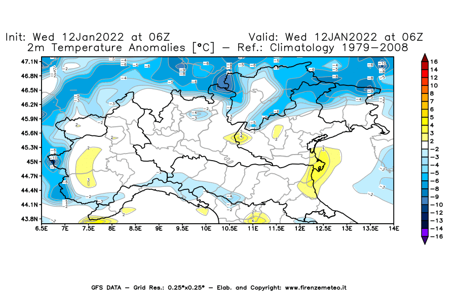 Mappa di analisi GFS - Anomalia Temperatura [°C] a 2 m in Nord-Italia
							del 12/01/2022 06 <!--googleoff: index-->UTC<!--googleon: index-->
