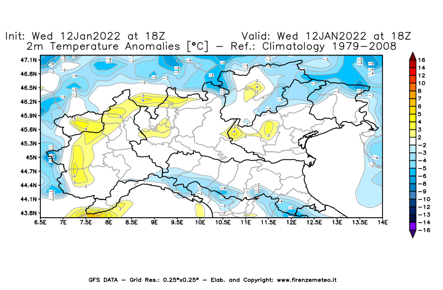 Mappa di analisi GFS - Anomalia Temperatura [°C] a 2 m in Nord-Italia
							del 12/01/2022 18 <!--googleoff: index-->UTC<!--googleon: index-->