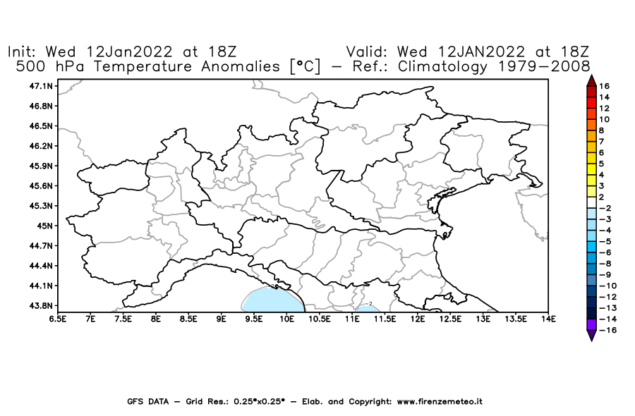 Mappa di analisi GFS - Anomalia Temperatura [°C] a 500 hPa in Nord-Italia
							del 12/01/2022 18 <!--googleoff: index-->UTC<!--googleon: index-->