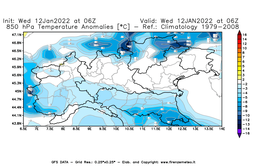 Mappa di analisi GFS - Anomalia Temperatura [°C] a 850 hPa in Nord-Italia
							del 12/01/2022 06 <!--googleoff: index-->UTC<!--googleon: index-->