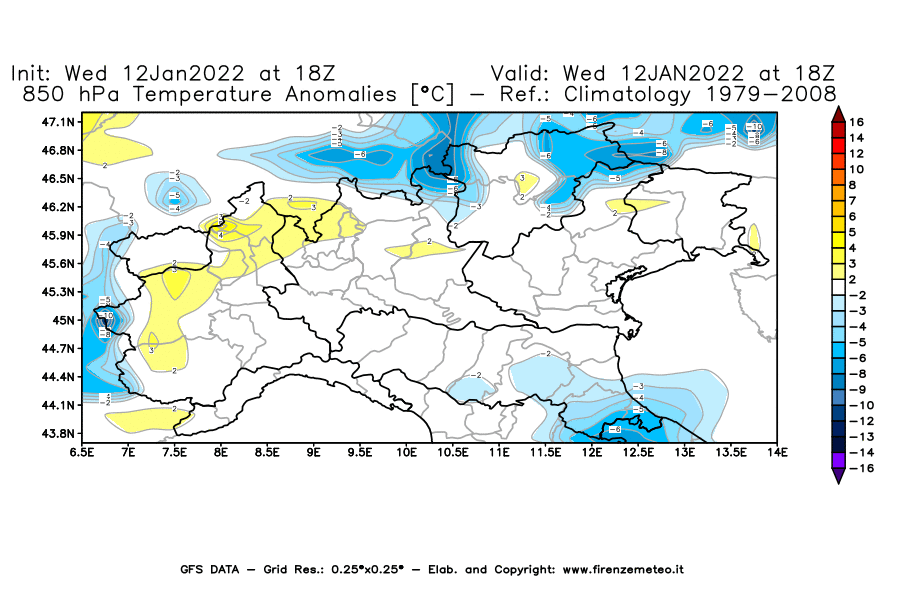 Mappa di analisi GFS - Anomalia Temperatura [°C] a 850 hPa in Nord-Italia
							del 12/01/2022 18 <!--googleoff: index-->UTC<!--googleon: index-->