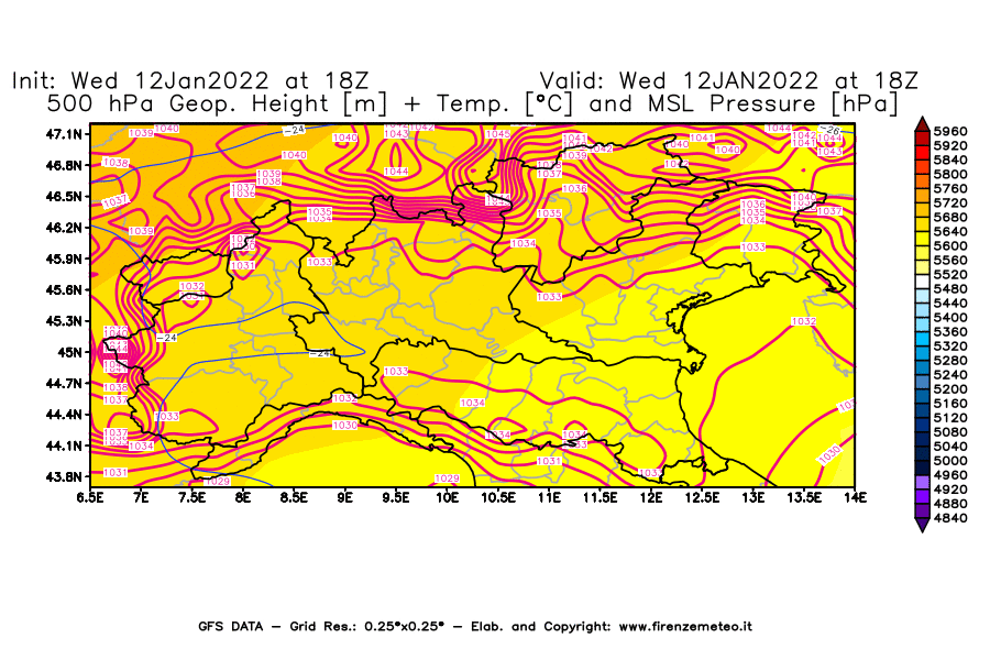 Mappa di analisi GFS - Geopotenziale [m] + Temp. [°C] a 500 hPa + Press. a livello del mare [hPa] in Nord-Italia
							del 12/01/2022 18 <!--googleoff: index-->UTC<!--googleon: index-->
