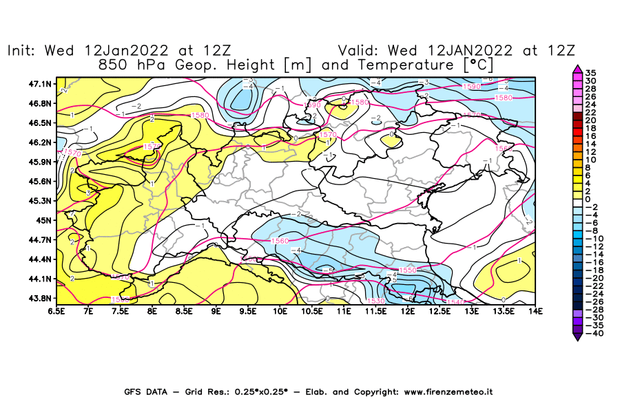 Mappa di analisi GFS - Geopotenziale [m] e Temperatura [°C] a 850 hPa in Nord-Italia
							del 12/01/2022 12 <!--googleoff: index-->UTC<!--googleon: index-->
