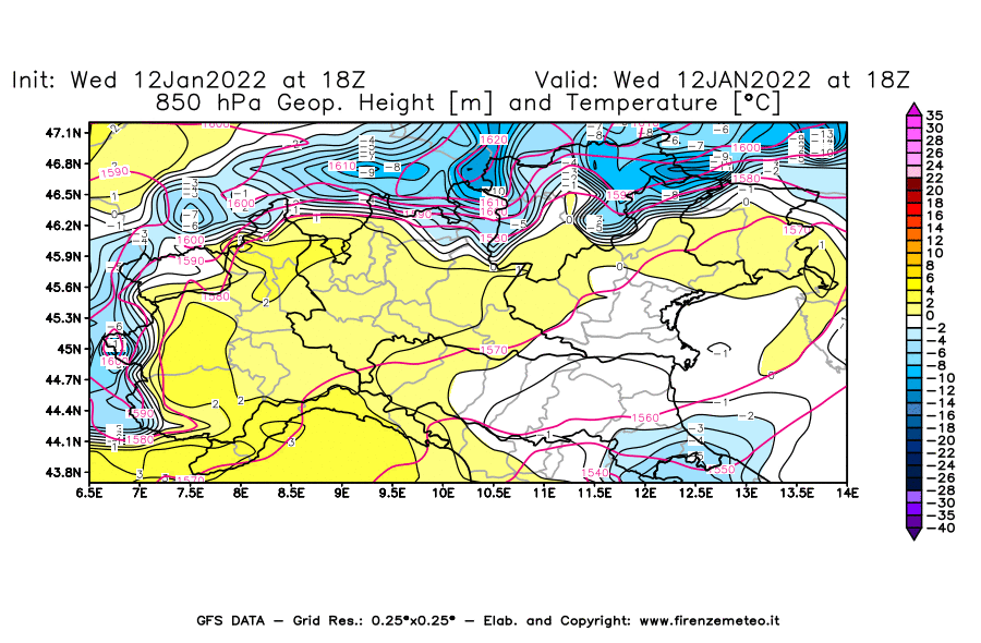 Mappa di analisi GFS - Geopotenziale [m] e Temperatura [°C] a 850 hPa in Nord-Italia
							del 12/01/2022 18 <!--googleoff: index-->UTC<!--googleon: index-->