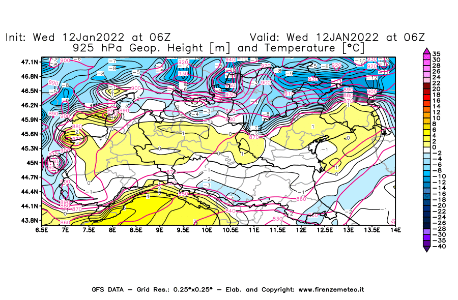 Mappa di analisi GFS - Geopotenziale [m] e Temperatura [°C] a 925 hPa in Nord-Italia
							del 12/01/2022 06 <!--googleoff: index-->UTC<!--googleon: index-->