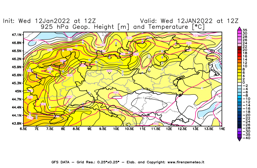 Mappa di analisi GFS - Geopotenziale [m] e Temperatura [°C] a 925 hPa in Nord-Italia
							del 12/01/2022 12 <!--googleoff: index-->UTC<!--googleon: index-->
