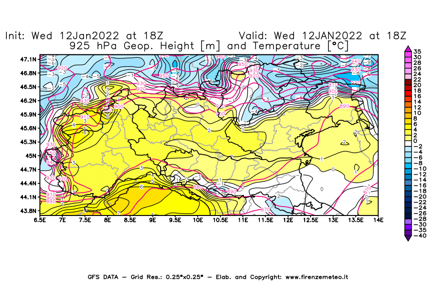 Mappa di analisi GFS - Geopotenziale [m] e Temperatura [°C] a 925 hPa in Nord-Italia
							del 12/01/2022 18 <!--googleoff: index-->UTC<!--googleon: index-->