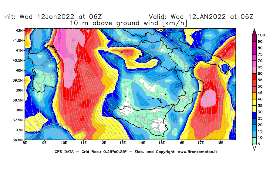 Mappa di analisi GFS - Velocità del vento a 10 metri dal suolo [km/h] in Sud-Italia
							del 12/01/2022 06 <!--googleoff: index-->UTC<!--googleon: index-->