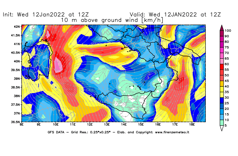 Mappa di analisi GFS - Velocità del vento a 10 metri dal suolo [km/h] in Sud-Italia
							del 12/01/2022 12 <!--googleoff: index-->UTC<!--googleon: index-->
