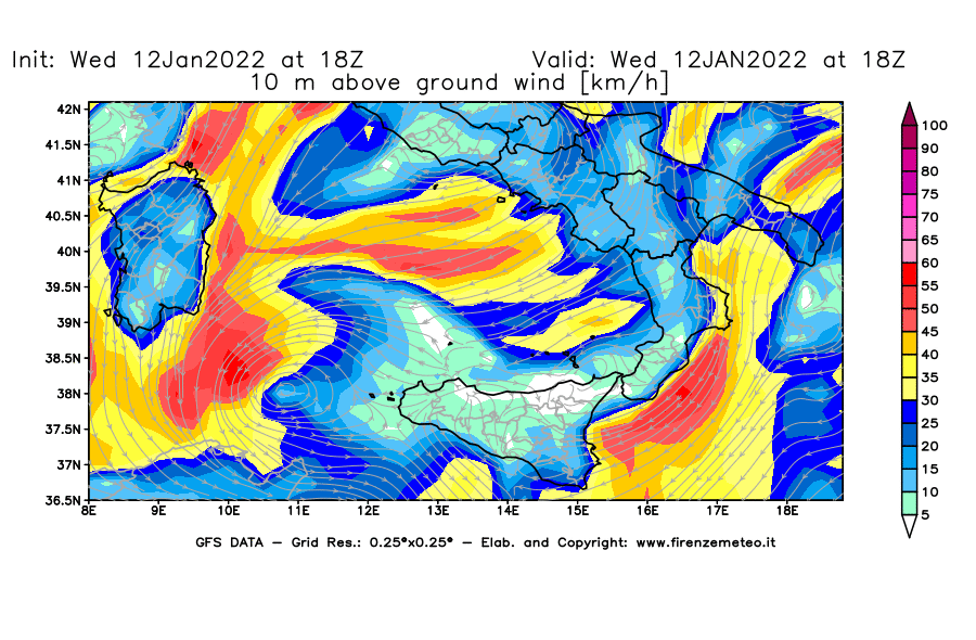 Mappa di analisi GFS - Velocità del vento a 10 metri dal suolo [km/h] in Sud-Italia
							del 12/01/2022 18 <!--googleoff: index-->UTC<!--googleon: index-->