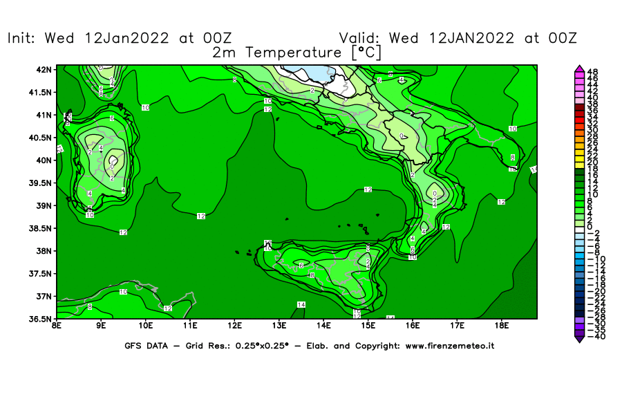 Mappa di analisi GFS - Temperatura a 2 metri dal suolo [°C] in Sud-Italia
							del 12/01/2022 00 <!--googleoff: index-->UTC<!--googleon: index-->