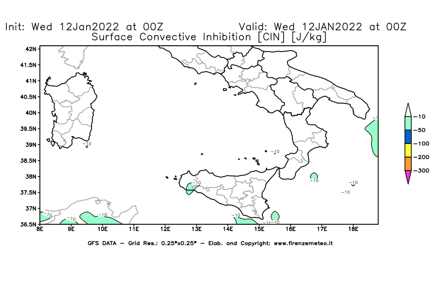 Mappa di analisi GFS - CIN [J/kg] in Sud-Italia
							del 12/01/2022 00 <!--googleoff: index-->UTC<!--googleon: index-->