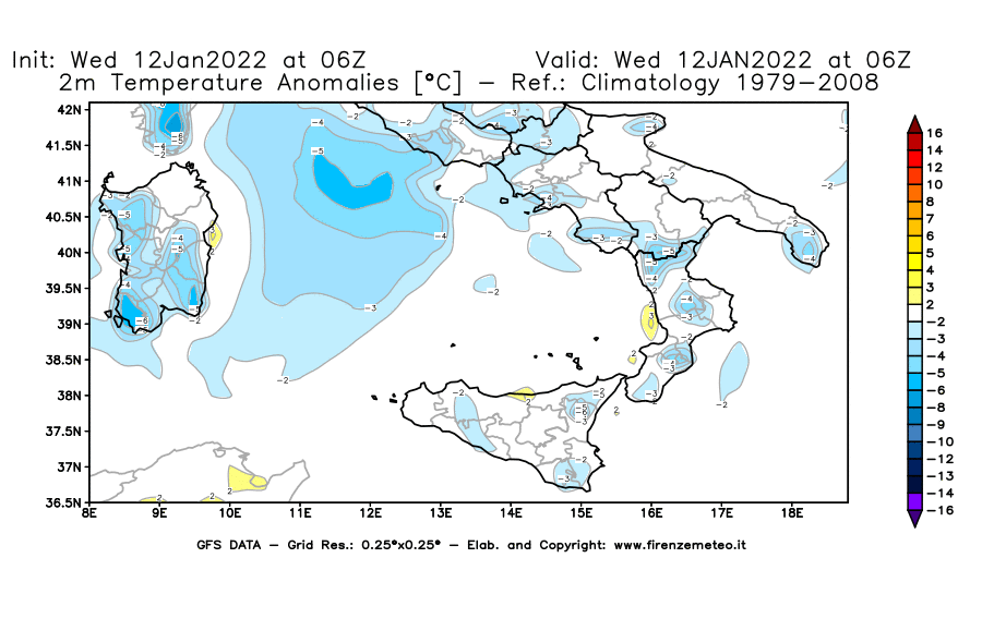 Mappa di analisi GFS - Anomalia Temperatura [°C] a 2 m in Sud-Italia
							del 12/01/2022 06 <!--googleoff: index-->UTC<!--googleon: index-->