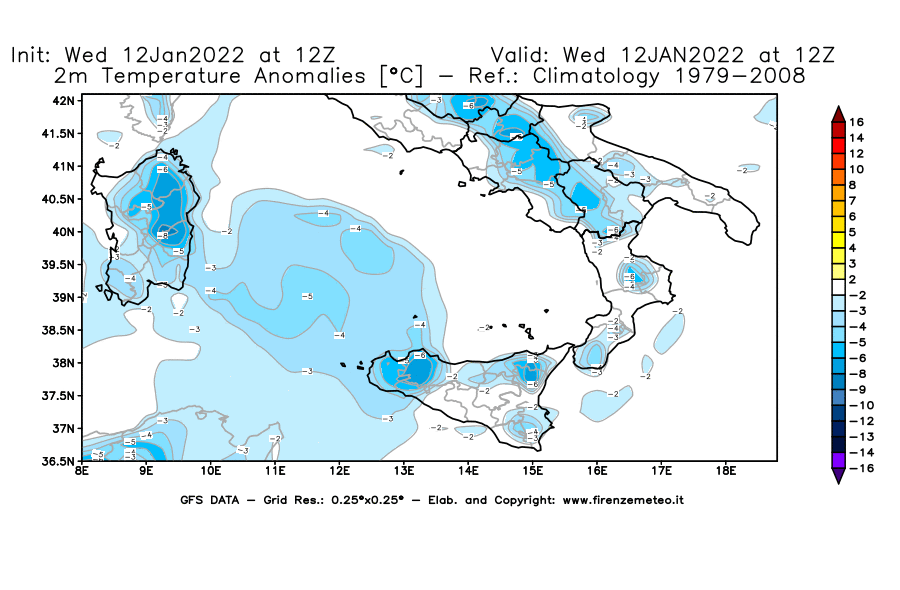 Mappa di analisi GFS - Anomalia Temperatura [°C] a 2 m in Sud-Italia
							del 12/01/2022 12 <!--googleoff: index-->UTC<!--googleon: index-->