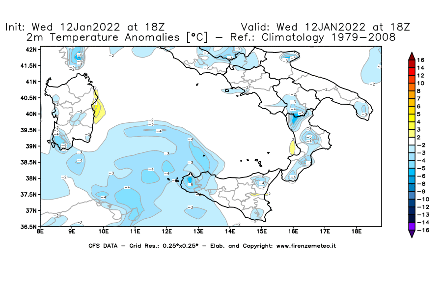 Mappa di analisi GFS - Anomalia Temperatura [°C] a 2 m in Sud-Italia
							del 12/01/2022 18 <!--googleoff: index-->UTC<!--googleon: index-->