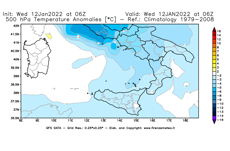 Mappa di analisi GFS - Anomalia Temperatura [°C] a 500 hPa in Sud-Italia
							del 12/01/2022 06 <!--googleoff: index-->UTC<!--googleon: index-->