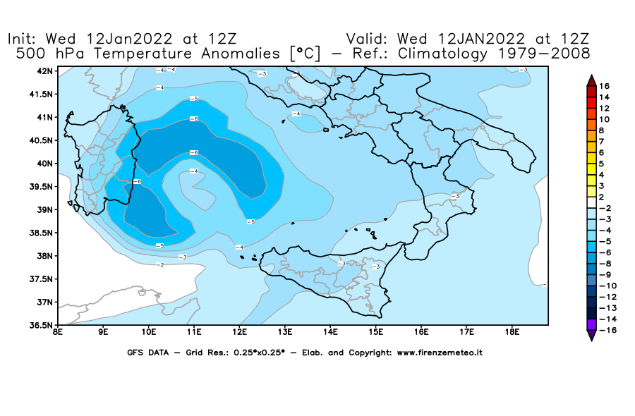 Mappa di analisi GFS - Anomalia Temperatura [°C] a 500 hPa in Sud-Italia
							del 12/01/2022 12 <!--googleoff: index-->UTC<!--googleon: index-->