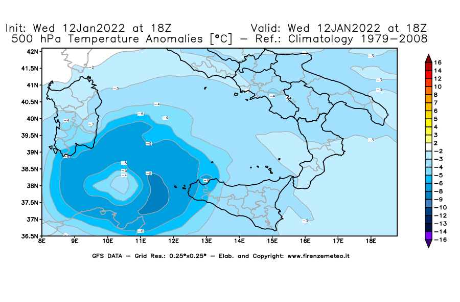 Mappa di analisi GFS - Anomalia Temperatura [°C] a 500 hPa in Sud-Italia
							del 12/01/2022 18 <!--googleoff: index-->UTC<!--googleon: index-->